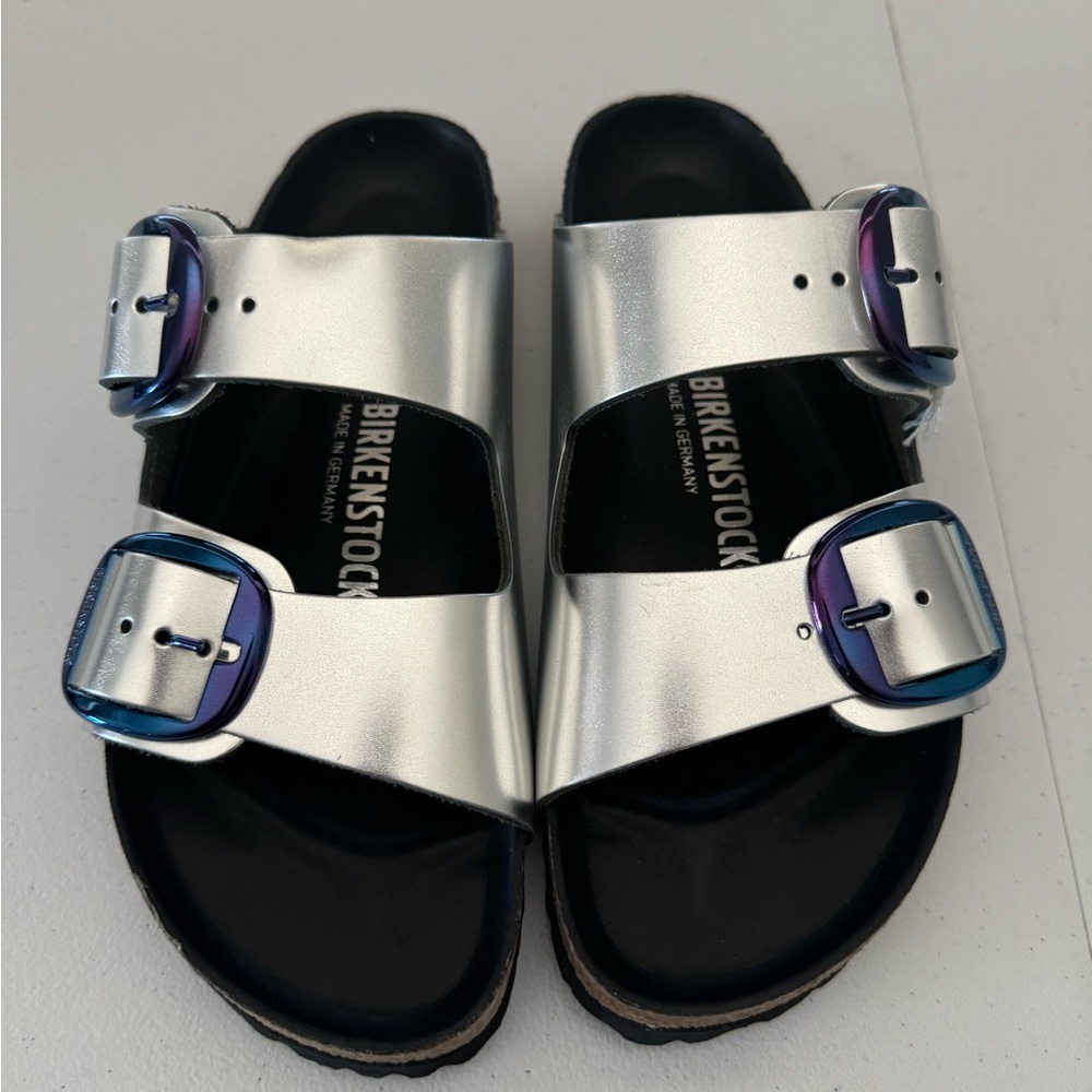 Birkenstock Arizona Big Buckle Slide Women’s Sandal Size 8-8.5 Metallic Silver